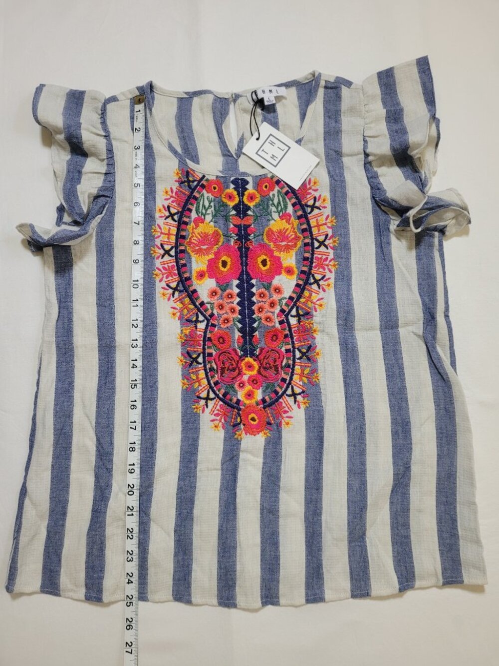 THML Floral Embroidered Ruffle Sleeve Boho Top Blue Striped Large NEW Coastal - Picture 7 of 9